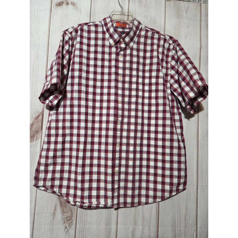 St Johns Bay Mens XL Performance Plaid Button Down Shirt Red White Blue Cotton